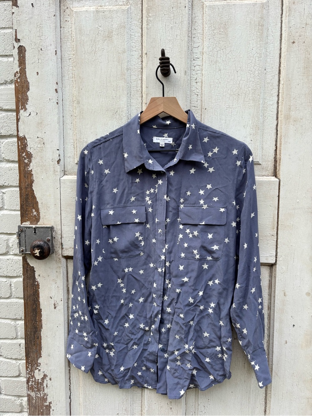 Equipment Women's Star Print Button-Down Shirt in Blue and White